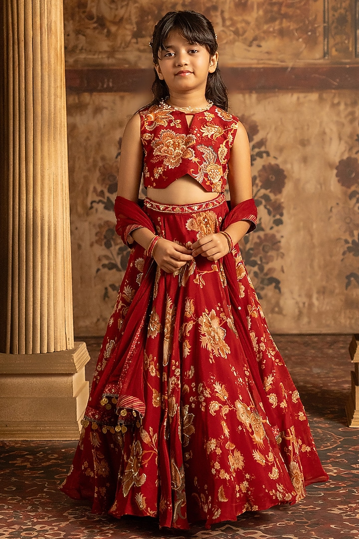 Ruby Red Organza Printed Lehenga Set For Girls by Kalista kids at Pernia's Pop Up Shop