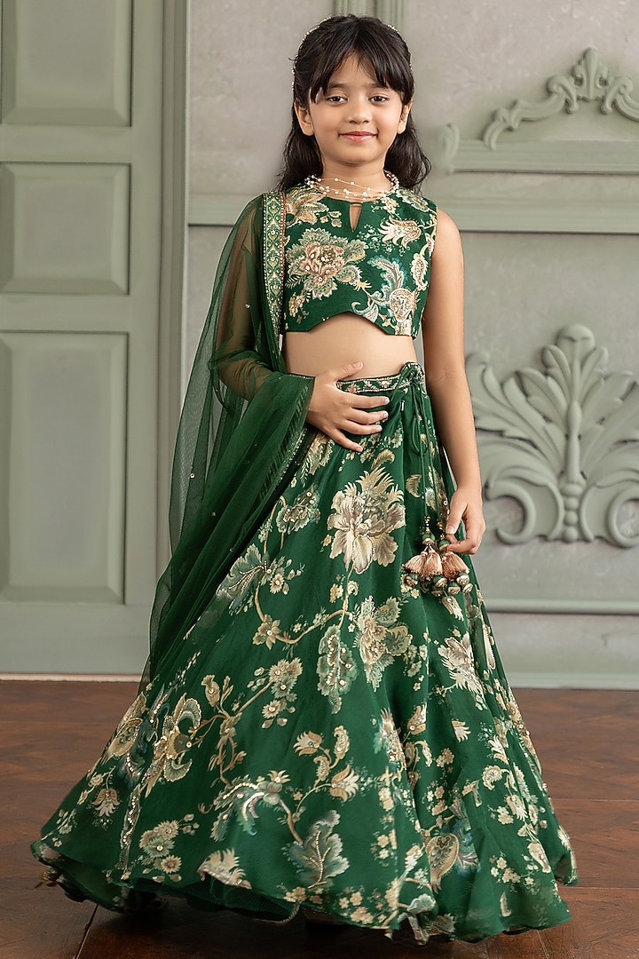 Emerald Green Organza Printed Lehenga Set For Girls by Kalista kids at Pernia's Pop Up Shop