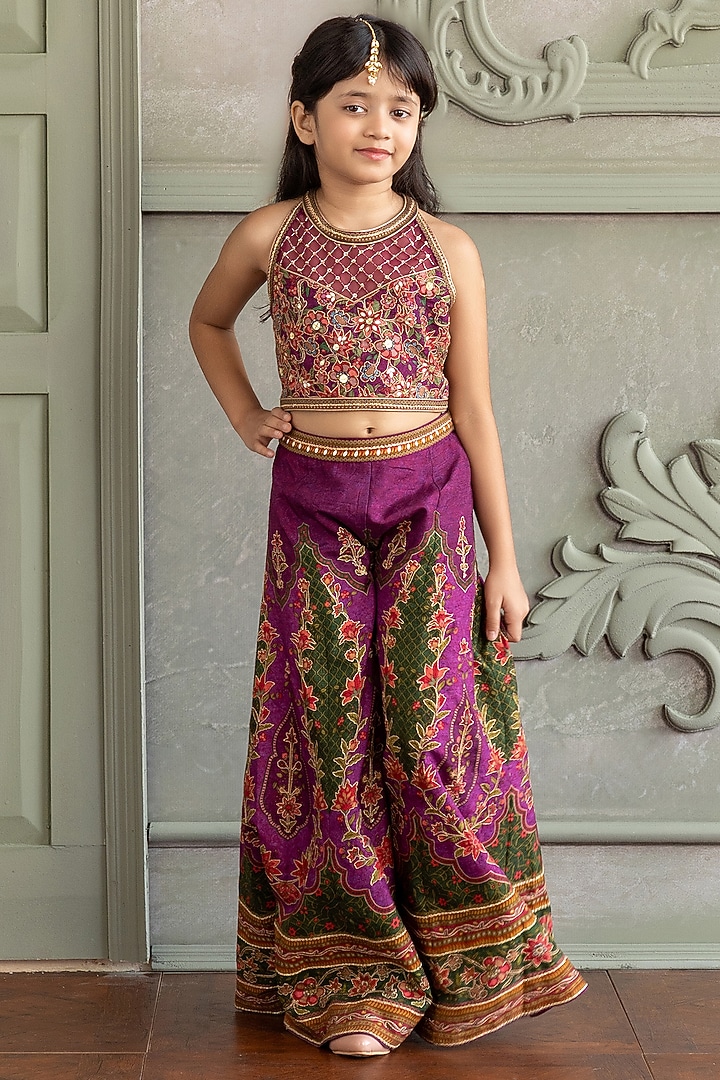 Violet Viscose Silk Floral Printed Sharara Set For Girls by Kalista kids at Pernia's Pop Up Shop