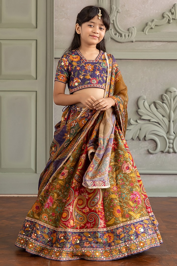 Multicoloured Viscose Silk Floral Printed & Embroidered Lehenga Set For Girls by Kalista kids at Pernia's Pop Up Shop