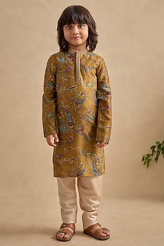 Moss Green Chanderi Embroidered & Paisley Printed Kurta Set For Boys by Kalista kids