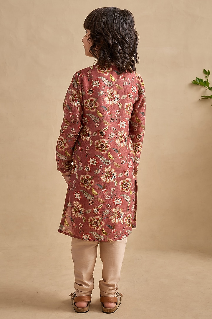 Chestnut Handwoven Chanderi Chintz Printed Kurta Set For Boys by Kalista kids at Pernia's Pop Up Shop