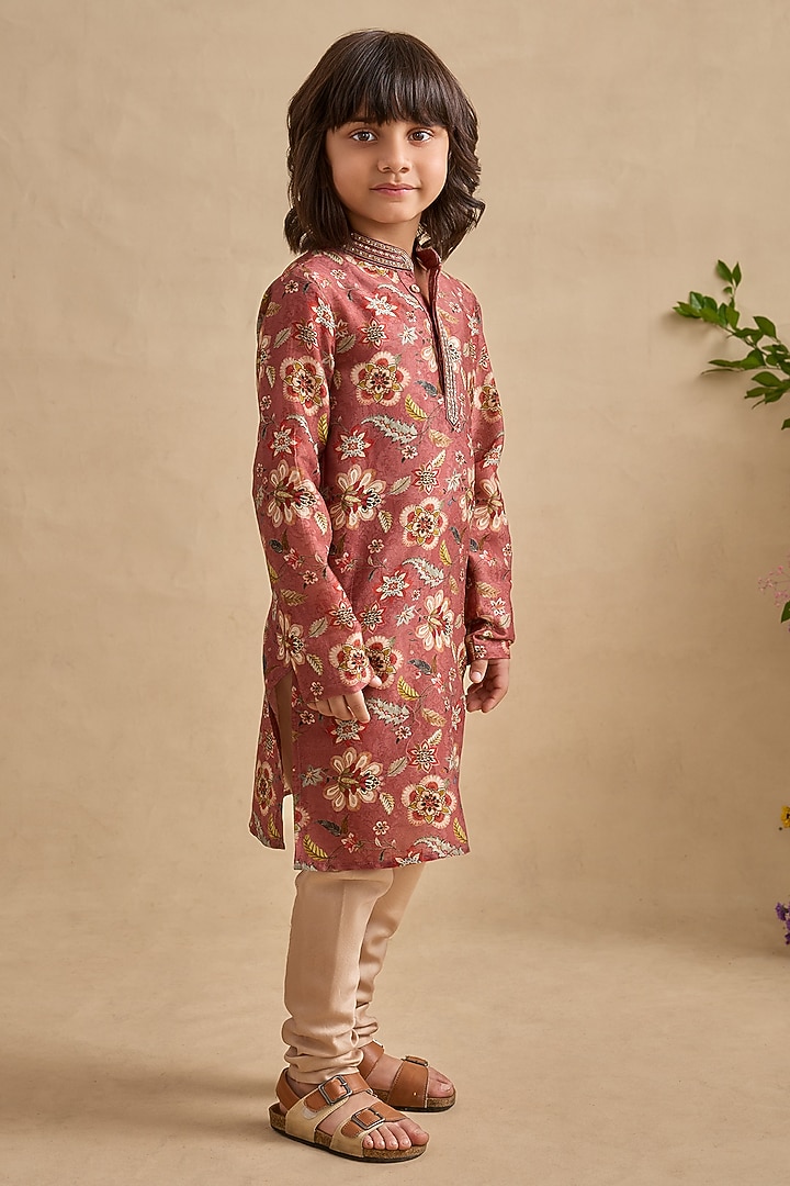 Chestnut Handwoven Chanderi Chintz Printed Kurta Set For Boys by Kalista kids at Pernia's Pop Up Shop