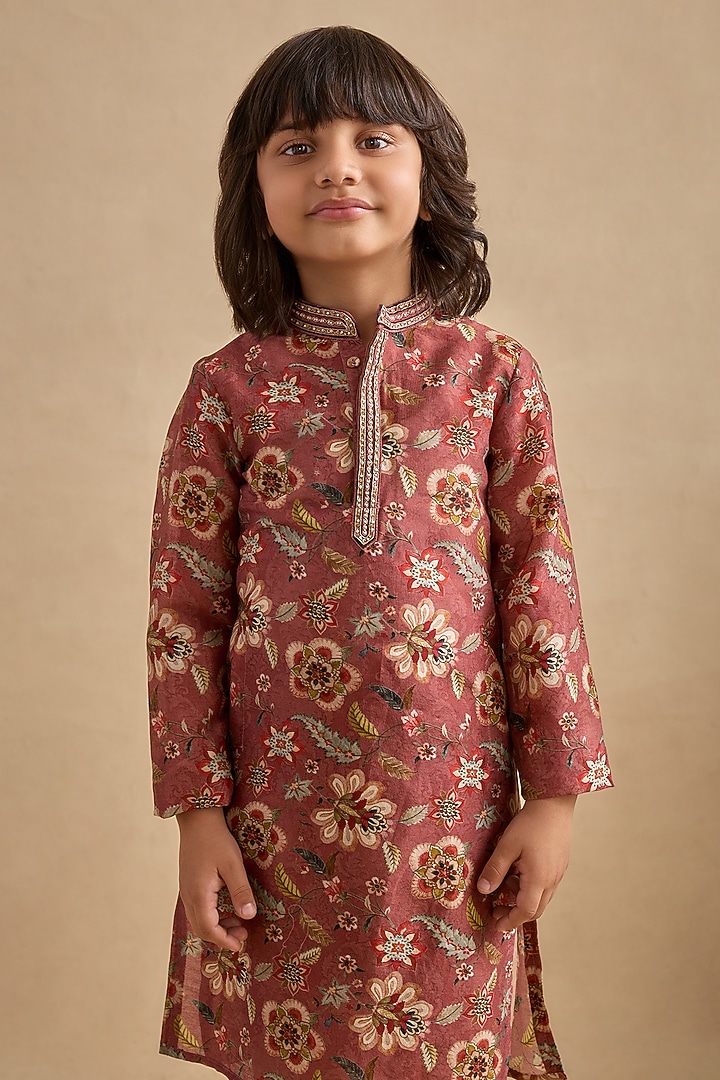 Chestnut Handwoven Chanderi Chintz Printed Kurta Set For Boys by Kalista kids at Pernia's Pop Up Shop