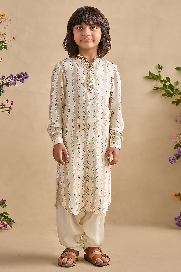 Grey Viscose Moss Floral Embroidered Kurta Set For Boys by Kalista kids at Pernia's Pop Up Shop