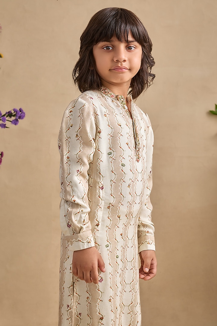 Grey Viscose Moss Floral Embroidered Kurta Set For Boys by Kalista kids at Pernia's Pop Up Shop