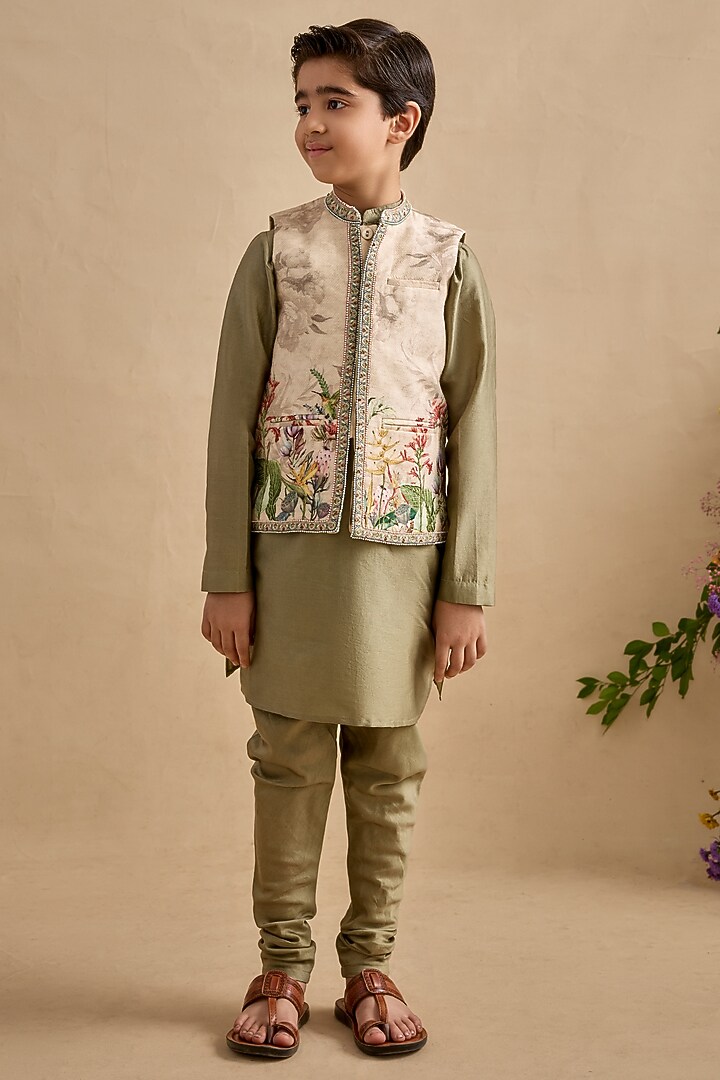 Bottle Green Chanderi Floral Printed Bundi Jacket Set For Boys by Kalista kids at Pernia's Pop Up Shop