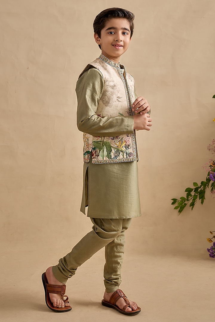 Bottle Green Chanderi Floral Printed Bundi Jacket Set For Boys by Kalista kids at Pernia's Pop Up Shop