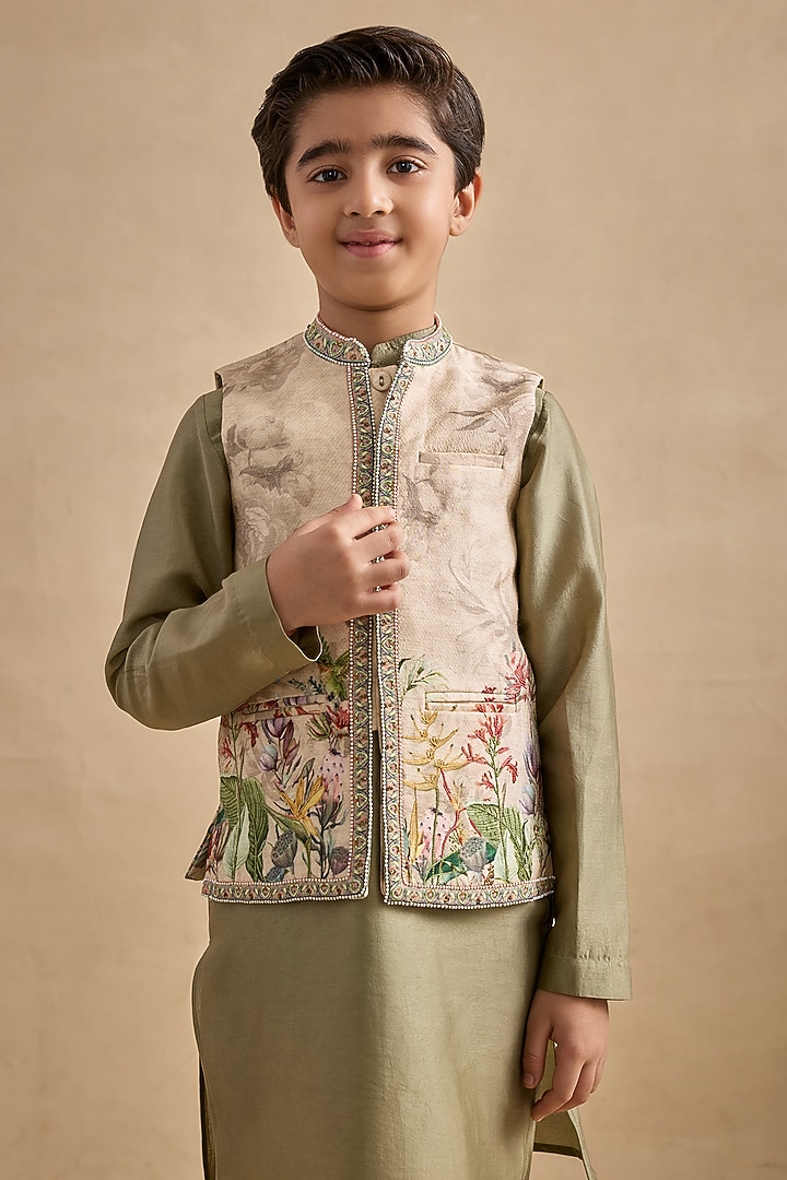 Bottle Green Chanderi Floral Printed Bundi Jacket Set For Boys by Kalista kids at Pernia's Pop Up Shop