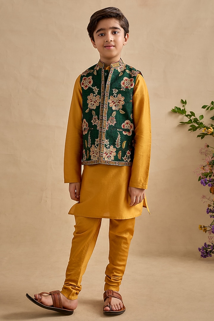 Bottle Green Chanderi Floral Printed Bundi Jacket Set For Boys by Kalista kids at Pernia's Pop Up Shop