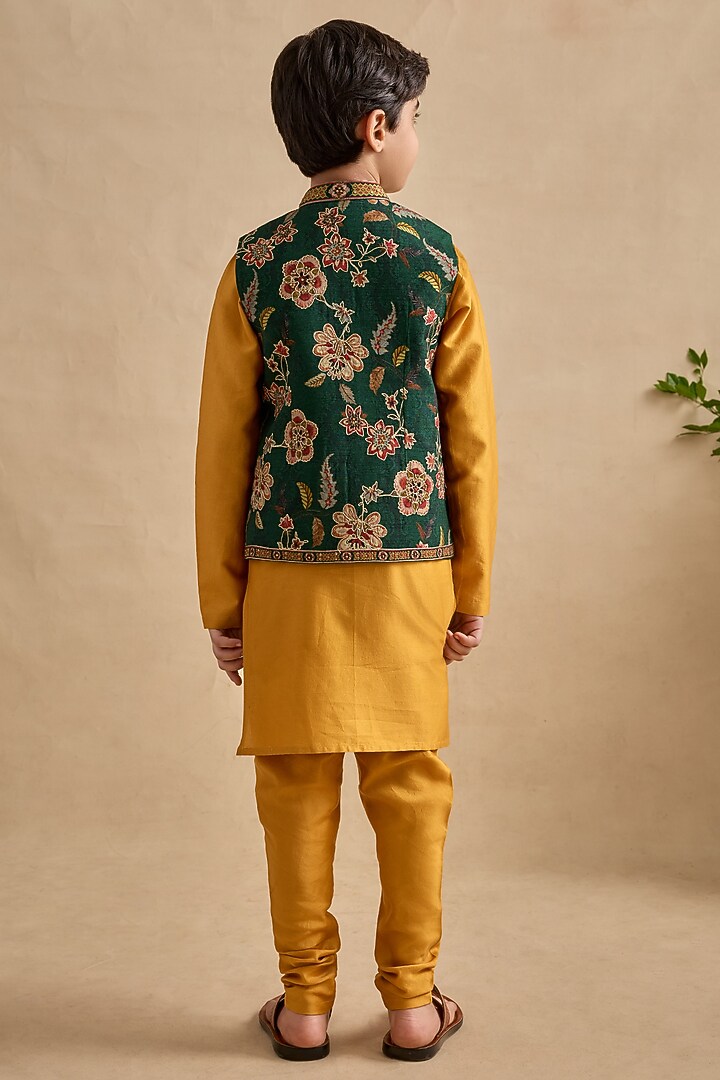 Bottle Green Chanderi Floral Printed Bundi Jacket Set For Boys by Kalista kids at Pernia's Pop Up Shop