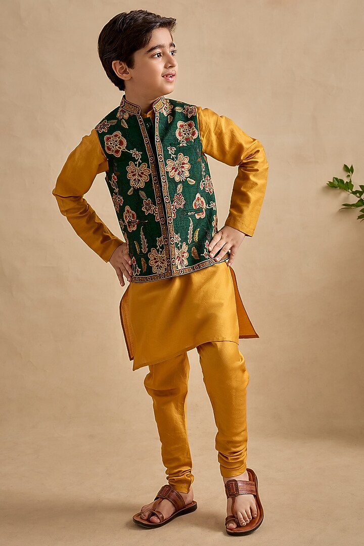 Bottle Green Chanderi Floral Printed Bundi Jacket Set For Boys by Kalista kids at Pernia's Pop Up Shop