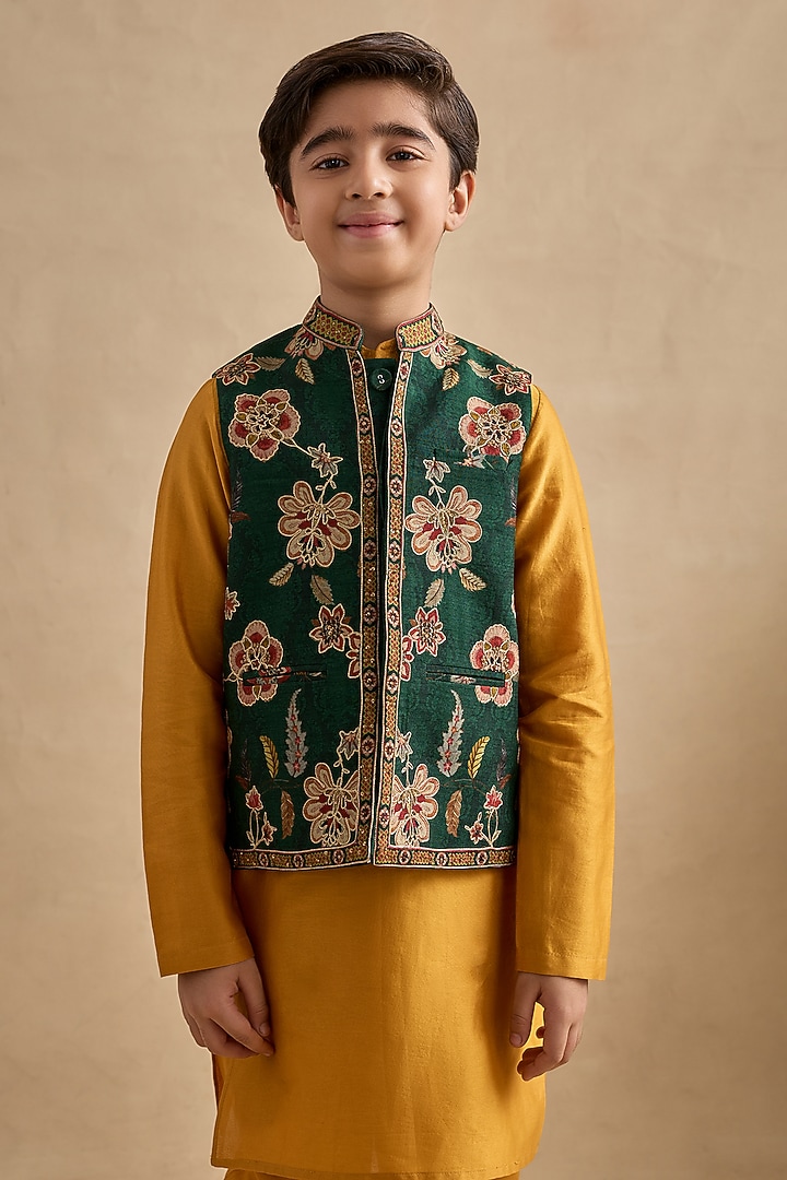 Bottle Green Chanderi Floral Printed Bundi Jacket Set For Boys by Kalista kids at Pernia's Pop Up Shop