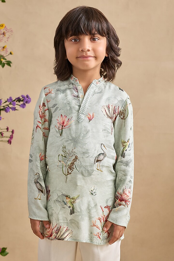 Grey Viscose Moss Kurta Set For Boys by Kalista kids at Pernia's Pop Up Shop