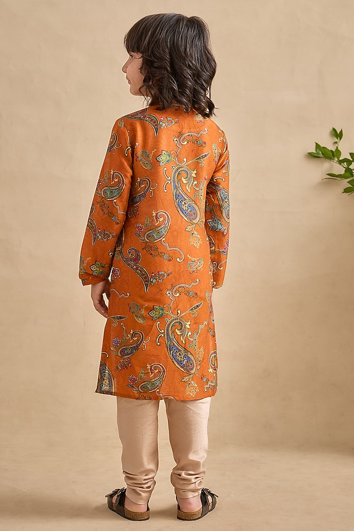 Tangerine Orange Chanderi Embroidered & Paisley Printed Kurta Set For Boys by Kalista kids at Pernia's Pop Up Shop