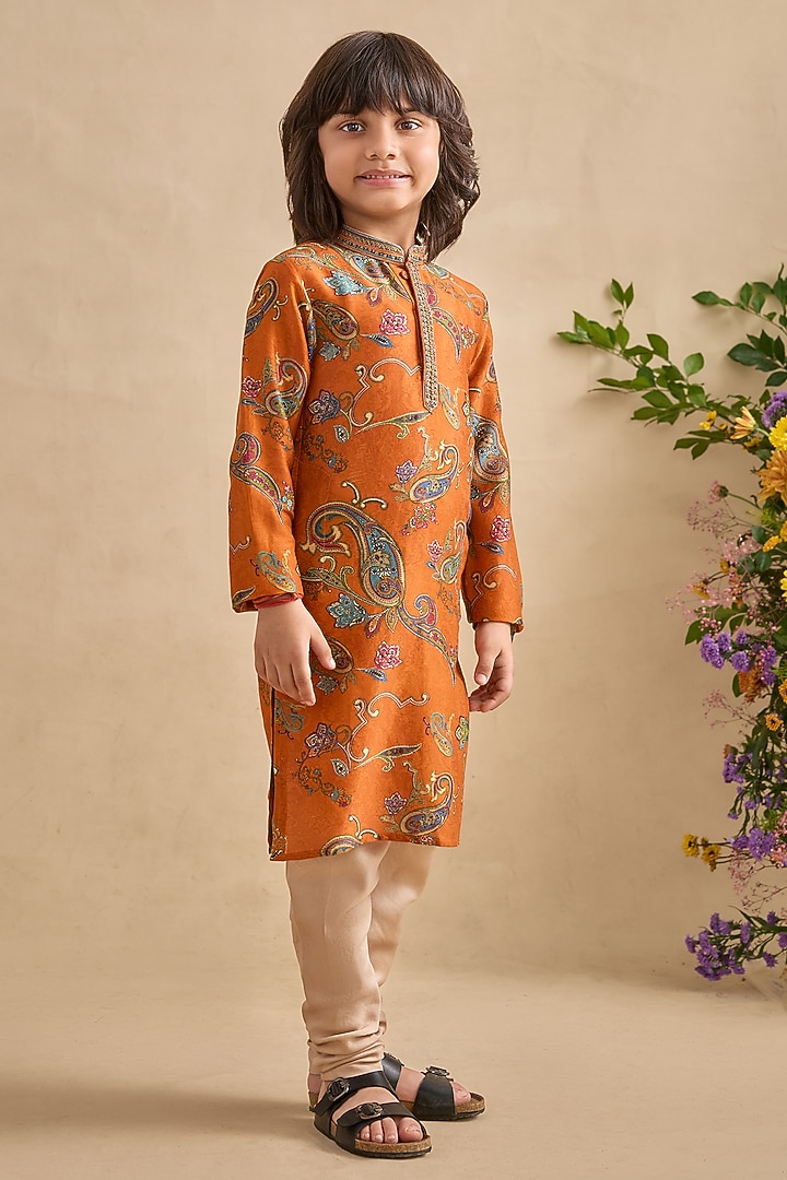 Tangerine Orange Chanderi Embroidered & Paisley Printed Kurta Set For Boys by Kalista kids at Pernia's Pop Up Shop