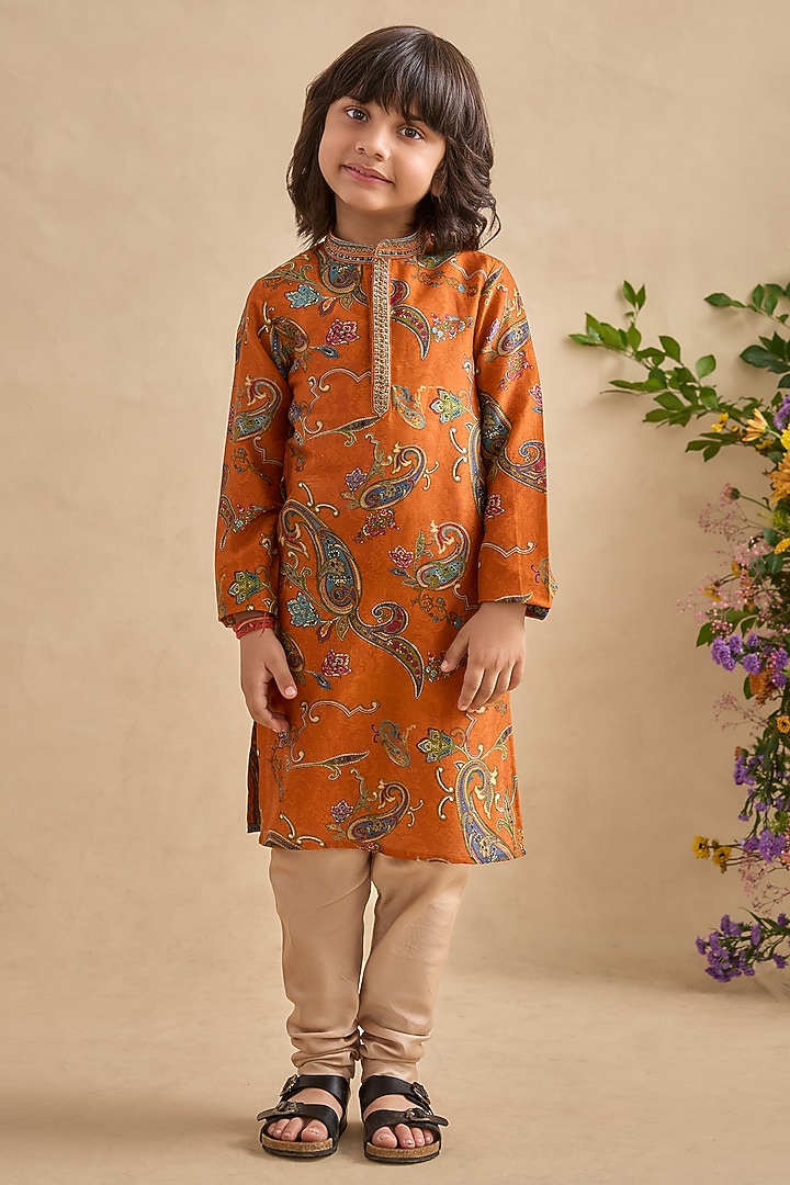Tangerine Orange Chanderi Embroidered & Paisley Printed Kurta Set For Boys by Kalista kids at Pernia's Pop Up Shop