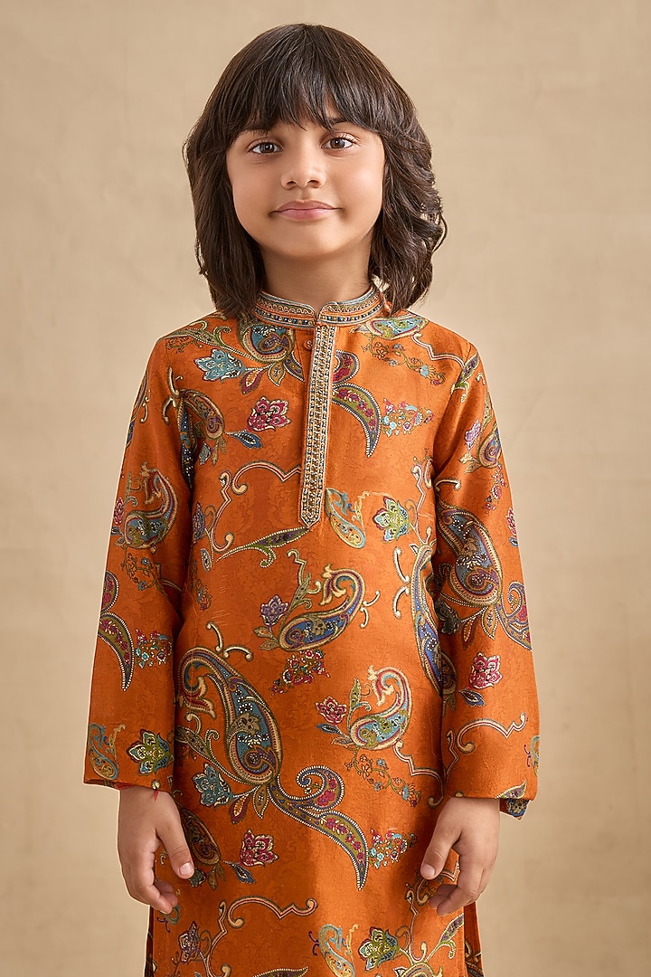 Tangerine Orange Chanderi Embroidered & Paisley Printed Kurta Set For Boys by Kalista kids at Pernia's Pop Up Shop