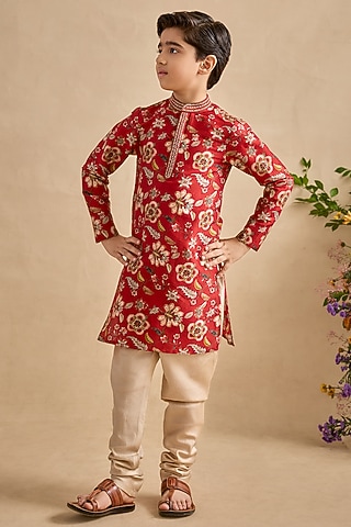 Crimson Handwoven Chanderi Chintz Printed Kurta Set For Boys by Kalista kids