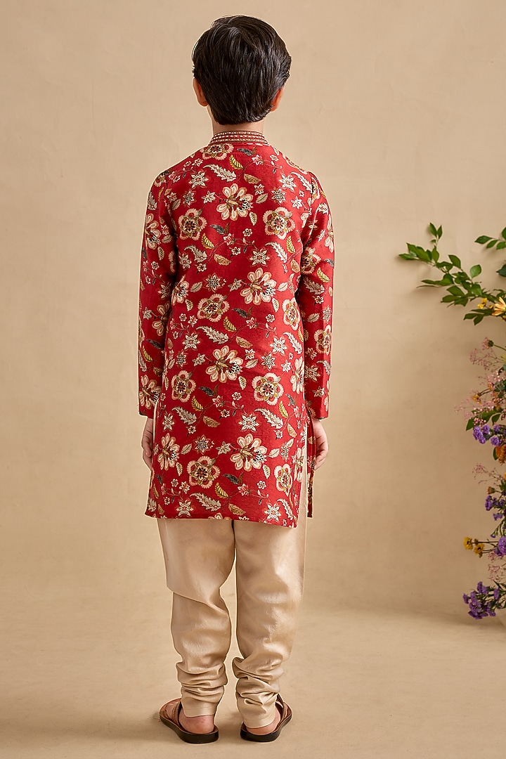 Crimson Handwoven Chanderi Chintz Printed Kurta Set For Boys by Kalista kids at Pernia's Pop Up Shop