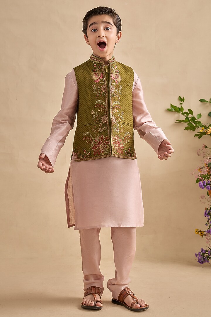 Olive Chanderi Bundi Jacket Set For Boys by Kalista kids at Pernia's Pop Up Shop