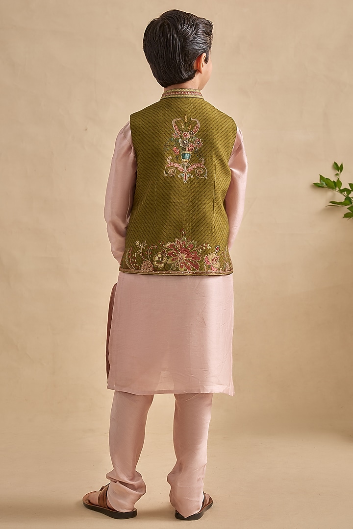 Olive Chanderi Bundi Jacket Set For Boys by Kalista kids at Pernia's Pop Up Shop