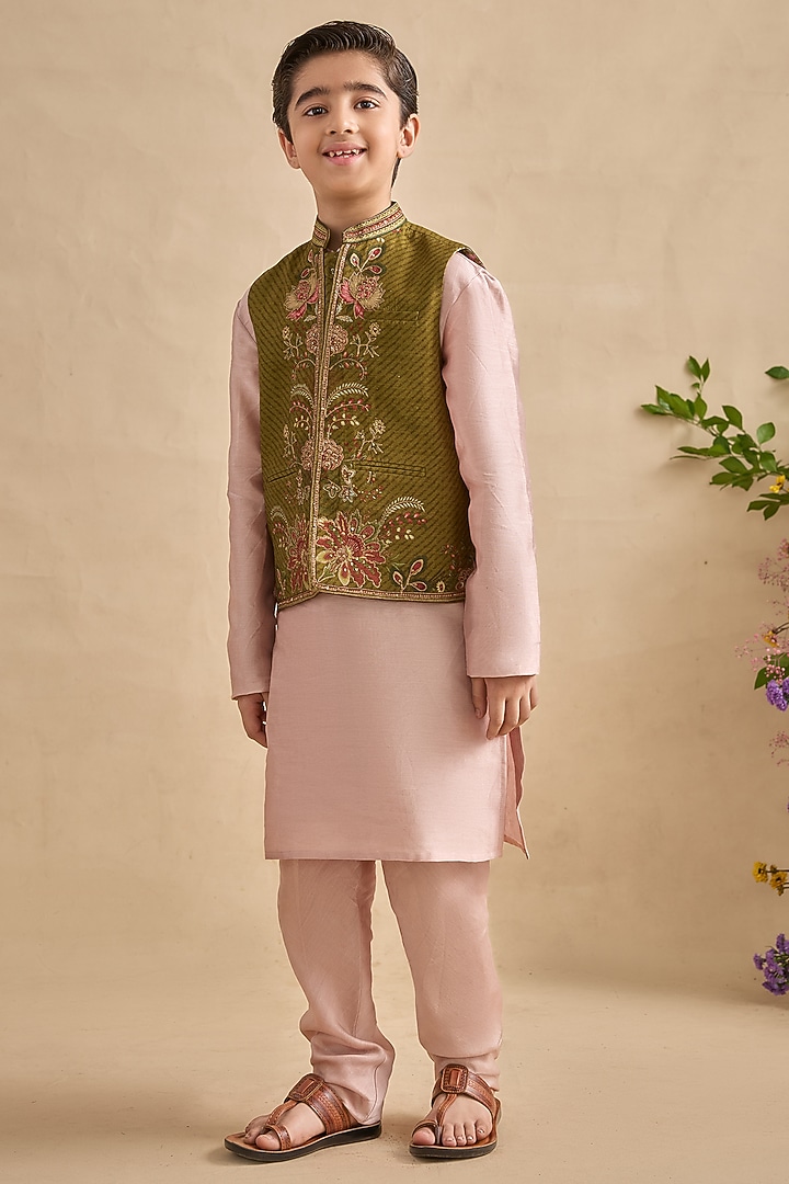 Olive Chanderi Bundi Jacket Set For Boys by Kalista kids at Pernia's Pop Up Shop