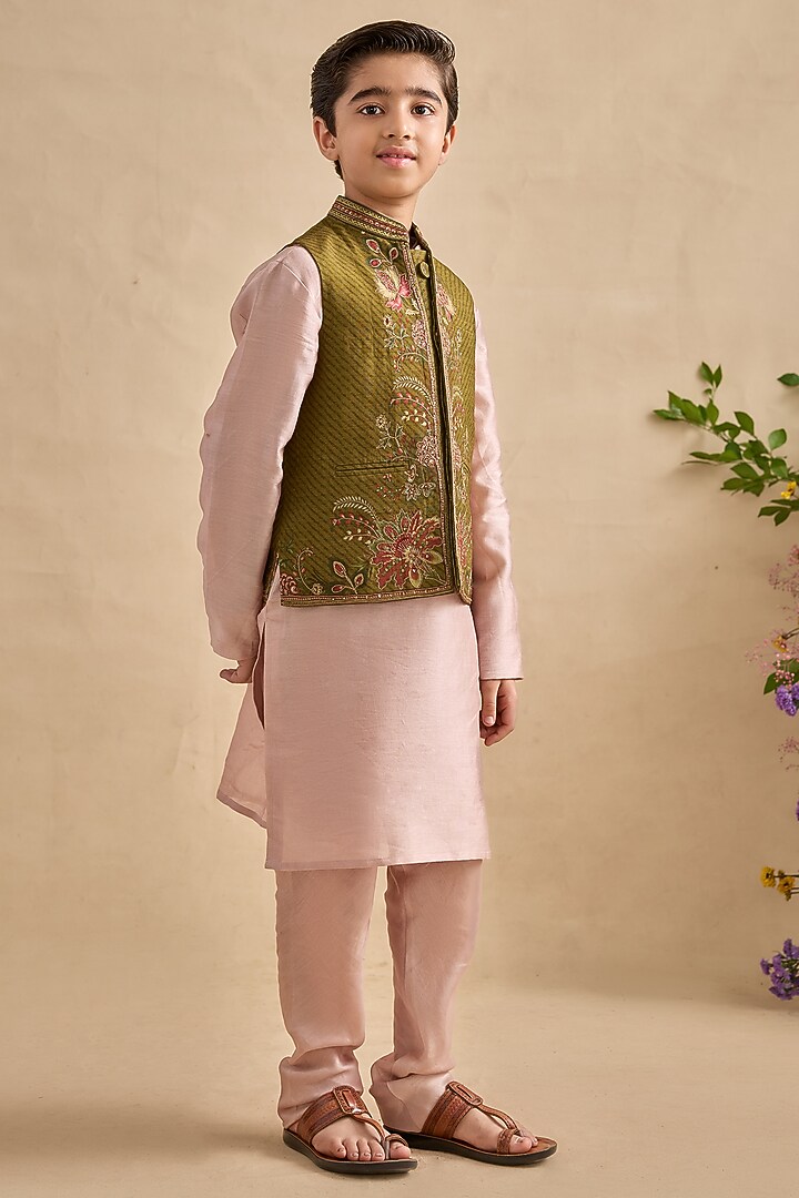 Olive Chanderi Bundi Jacket Set For Boys by Kalista kids at Pernia's Pop Up Shop