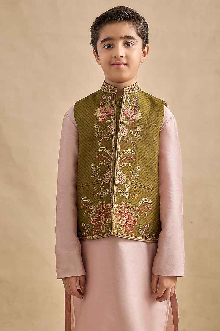 Olive Chanderi Bundi Jacket Set For Boys by Kalista kids at Pernia's Pop Up Shop
