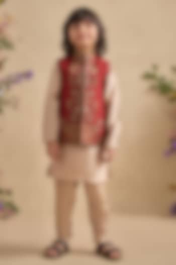 Crimson Red Chanderi Bundi Jacket Set For Boys by Kalista kids at Pernia's Pop Up Shop
