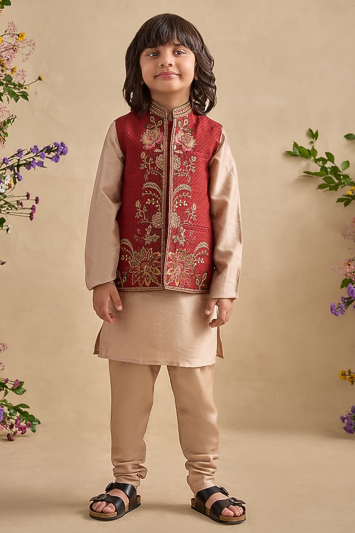 Crimson Red Chanderi Bundi Jacket Set For Boys by Kalista kids at Pernia's Pop Up Shop