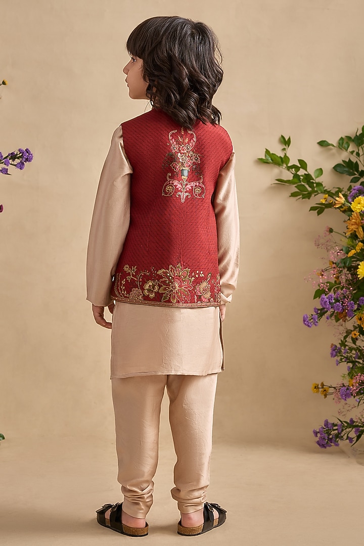 Crimson Red Chanderi Bundi Jacket Set For Boys by Kalista kids at Pernia's Pop Up Shop