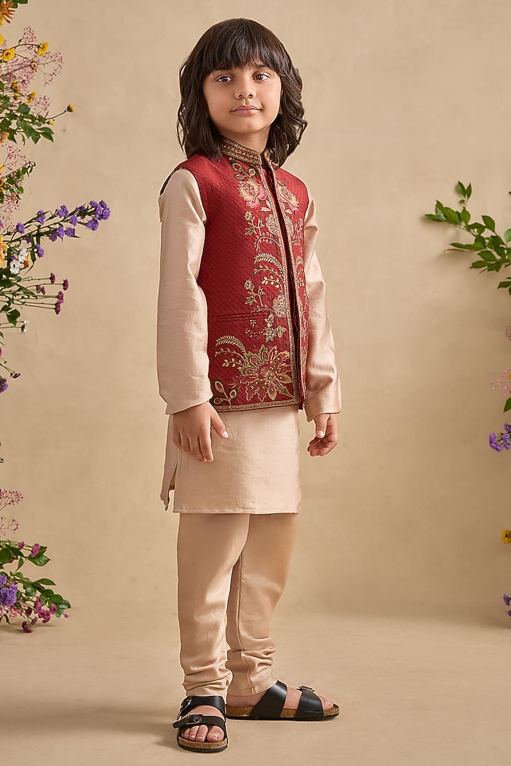 Crimson Red Chanderi Bundi Jacket Set For Boys by Kalista kids at Pernia's Pop Up Shop