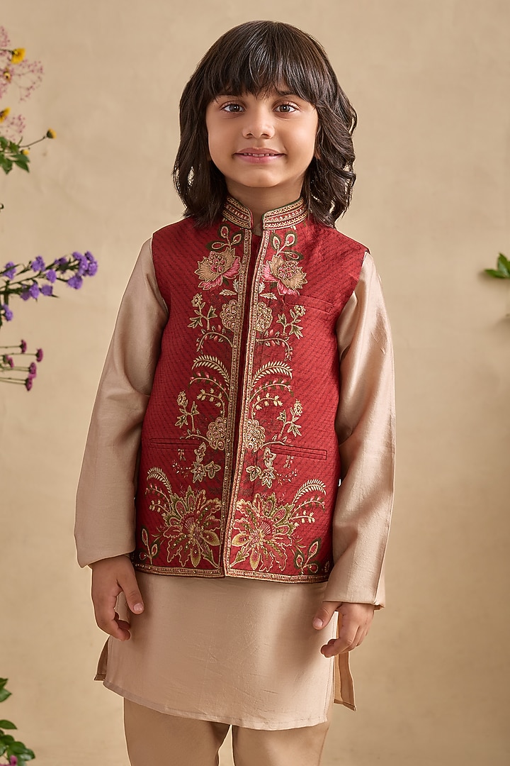 Crimson Red Chanderi Bundi Jacket Set For Boys by Kalista kids at Pernia's Pop Up Shop
