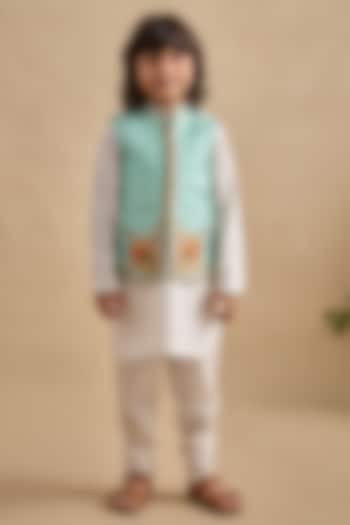 Aqua Viscose Silk Floral Printed & Thread Work Bundi Jacket Set For Boys by Kalista kids at Pernia's Pop Up Shop