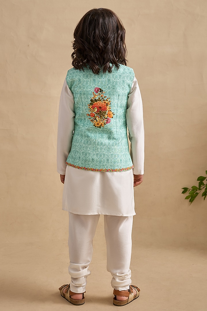 Aqua Viscose Silk Floral Printed & Thread Work Bundi Jacket Set For Boys by Kalista kids at Pernia's Pop Up Shop