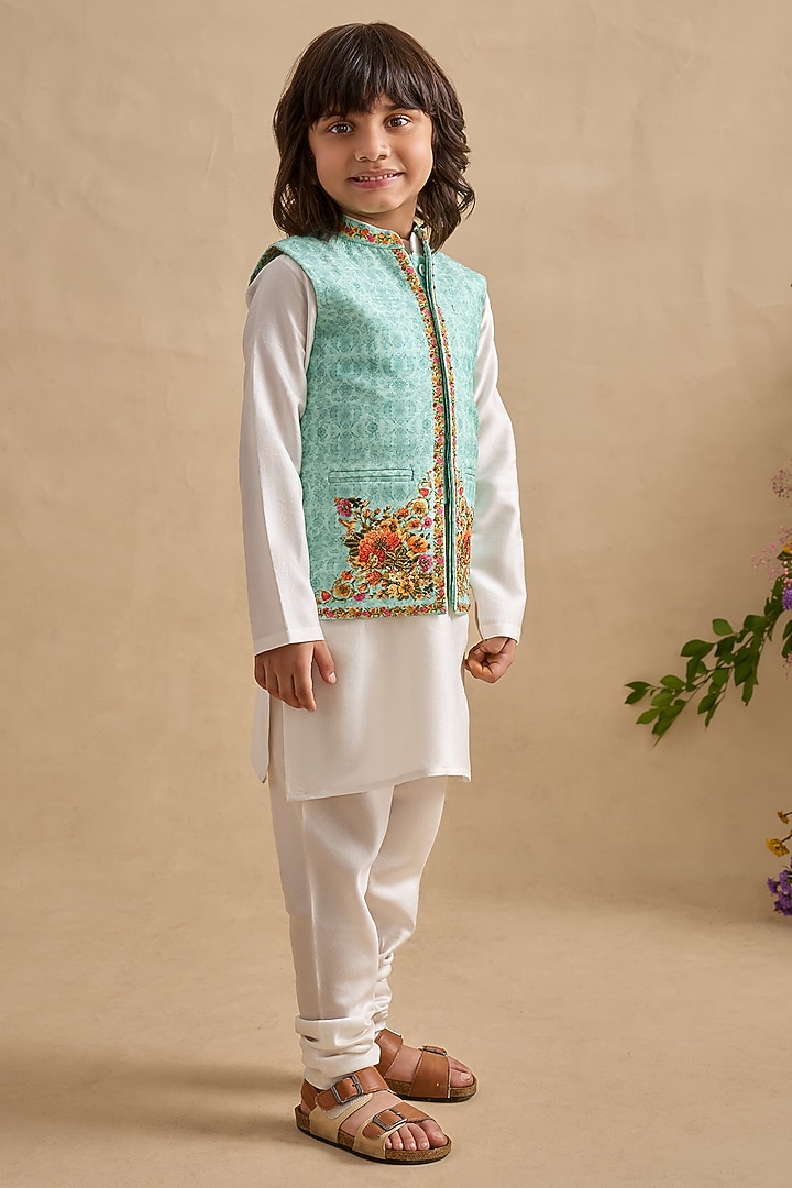 Aqua Viscose Silk Floral Printed & Thread Work Bundi Jacket Set For Boys by Kalista kids at Pernia's Pop Up Shop