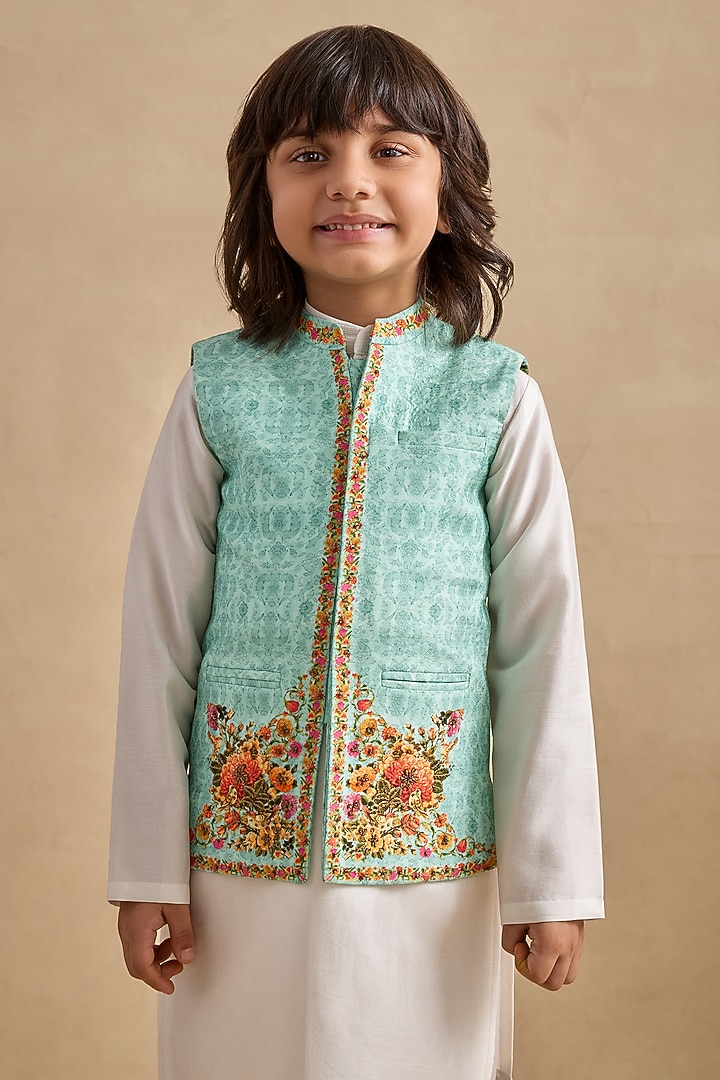Aqua Viscose Silk Floral Printed & Thread Work Bundi Jacket Set For Boys by Kalista kids at Pernia's Pop Up Shop
