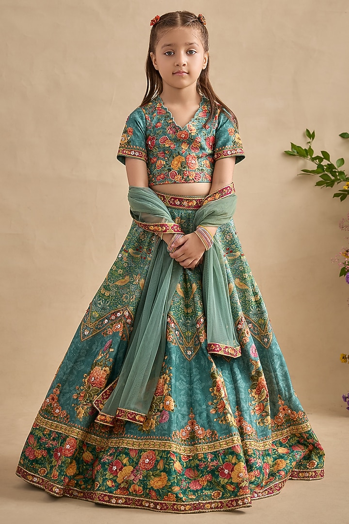 Beige & Ivory Viscose Silk Sequins Embroidered Lehenga Set For Girls by Kalista kids at Pernia's Pop Up Shop