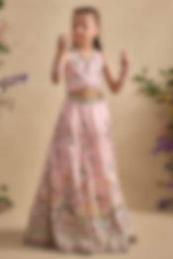 Powder Pink Viscose Silk Floral Motifs Printed Lehenga Set For Girls by Kalista kids at Pernia's Pop Up Shop