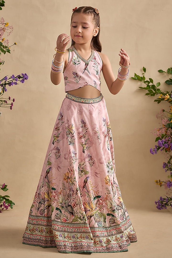 Powder Pink Viscose Silk Floral Motifs Printed Lehenga Set For Girls by Kalista kids at Pernia's Pop Up Shop