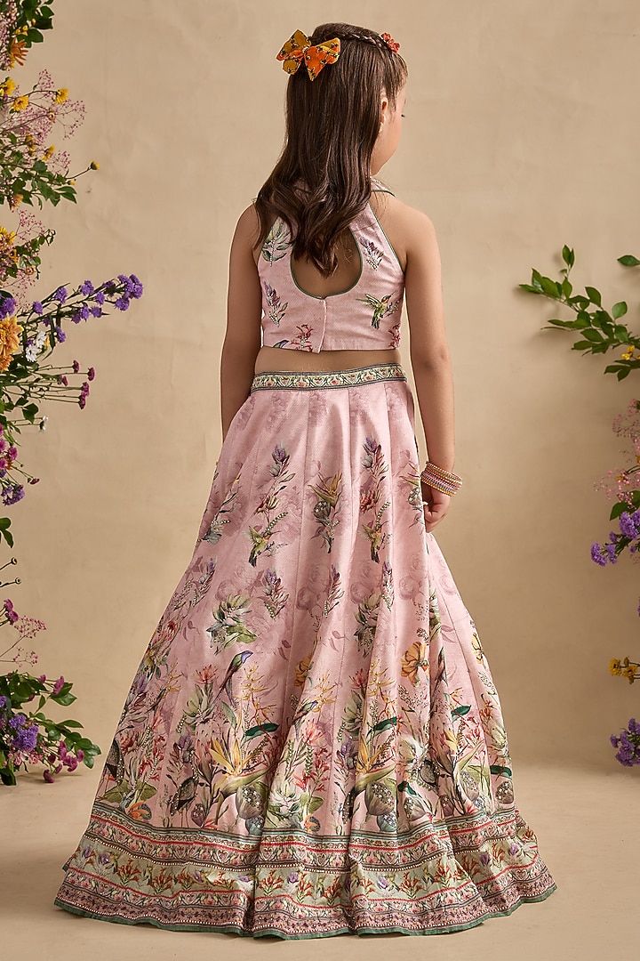 Powder Pink Viscose Silk Floral Motifs Printed Lehenga Set For Girls by Kalista kids at Pernia's Pop Up Shop