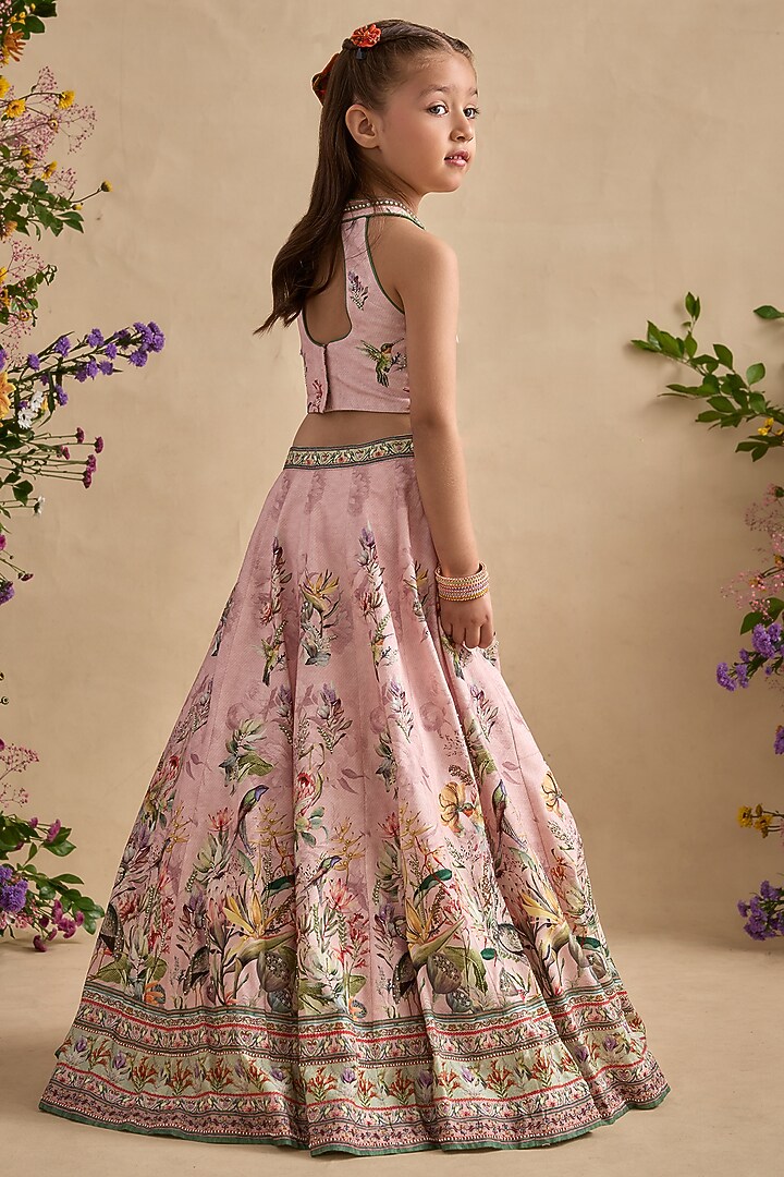Powder Pink Viscose Silk Floral Motifs Printed Lehenga Set For Girls by Kalista kids at Pernia's Pop Up Shop