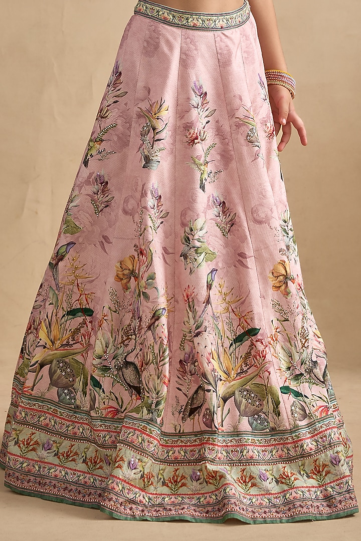 Powder Pink Viscose Silk Floral Motifs Printed Lehenga Set For Girls by Kalista kids at Pernia's Pop Up Shop