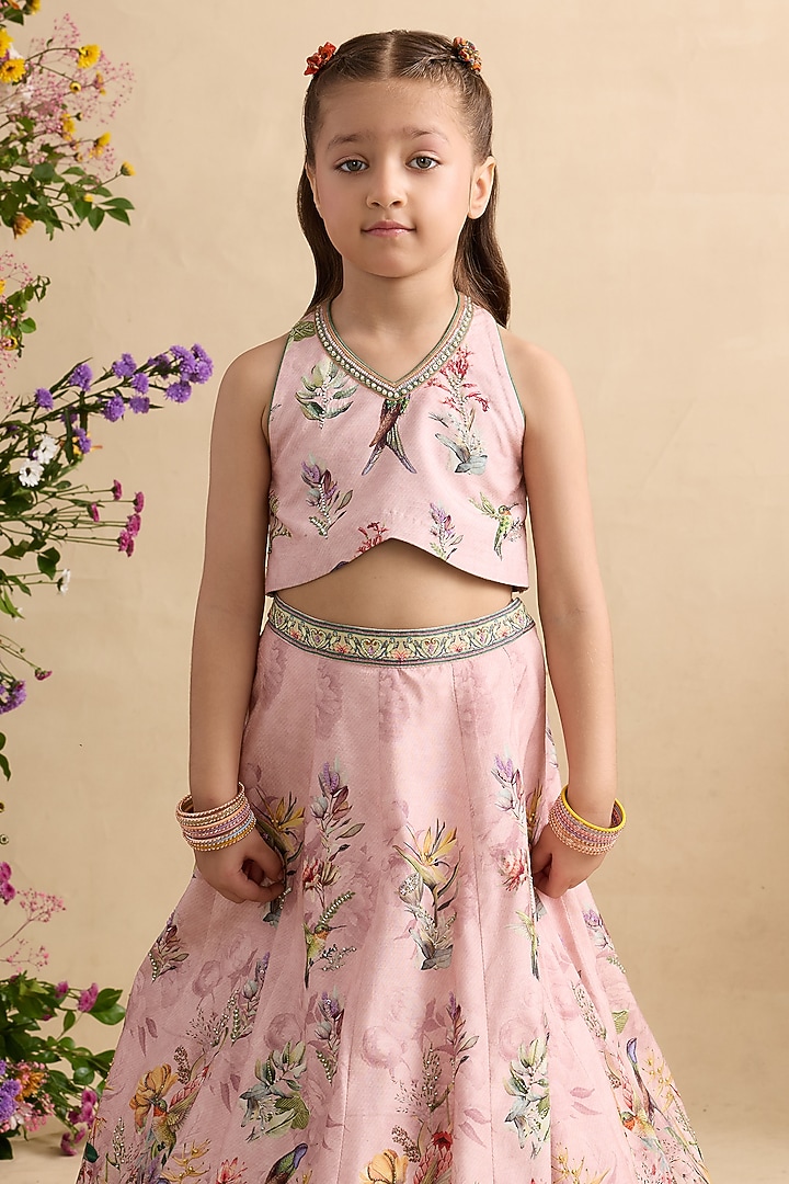 Powder Pink Viscose Silk Floral Motifs Printed Lehenga Set For Girls by Kalista kids at Pernia's Pop Up Shop