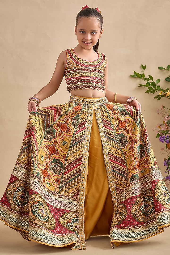 Yellow & Multi-Colored Viscose Silk Floral Motifs Printed Lehenga Set For Girls by Kalista kids at Pernia's Pop Up Shop