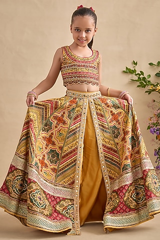 Yellow & Multi-Colored Viscose Silk Floral Motifs Printed Lehenga Set For Girls by Kalista kids