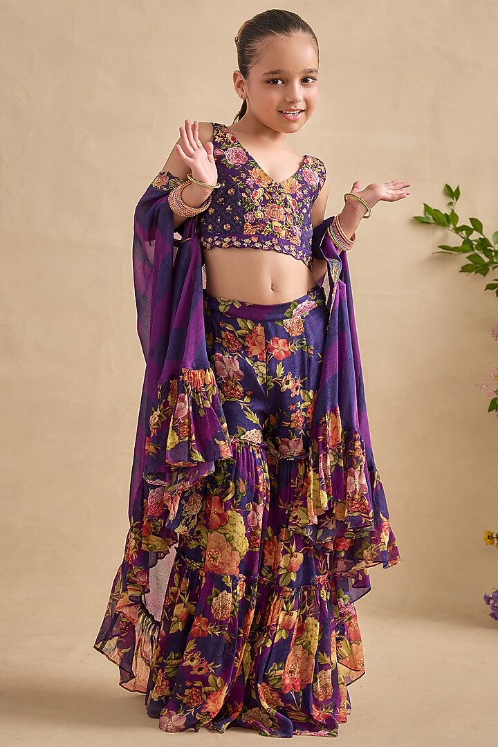 Purple Viscose Georgette Sharara Set For Girls by Kalista kids at Pernia's Pop Up Shop