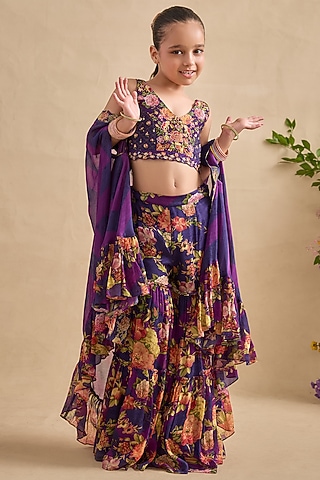Purple Viscose Georgette Sharara Set For Girls by Kalista kids
