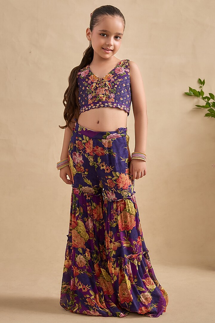 Purple Viscose Georgette Sharara Set For Girls by Kalista kids at Pernia's Pop Up Shop
